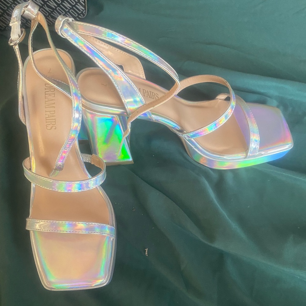 holographic square toe heels size 7